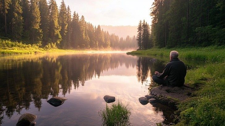Person sitzt meditierend am ruhigen Waldsee im Morgenlicht