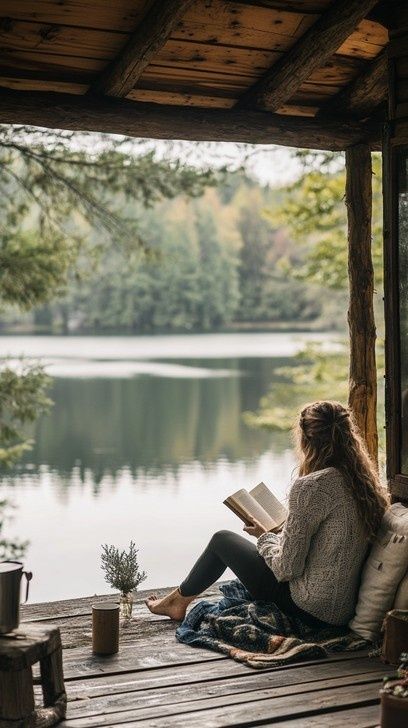 Person liest auf einer Holzveranda mit Blick auf einen stillen See