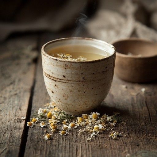 Dampfender Kräutertee in einer Keramiktasse neben Kamillenblüten